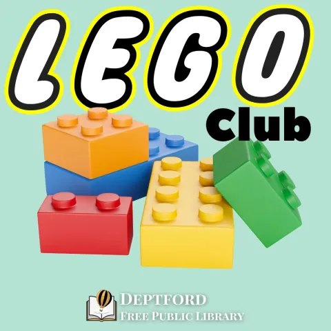 The words read Lego Club over a pile of lego bricks at Deptford Public Library.