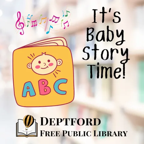 The words It's baby story time with a picture of a book.