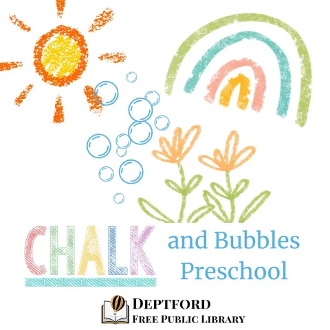 A chalk drawing of a sun, rainbow, and flowers next to bubbles and the words Chalk and Bubbles Preschool.